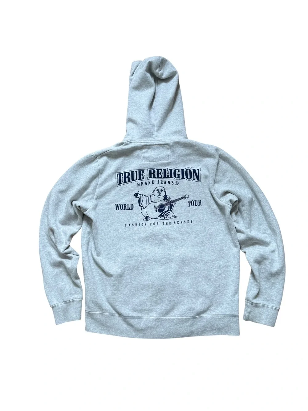 True Religion Buddha Logo Full Zip Up Hoodie Size Large Heather Gray Navy